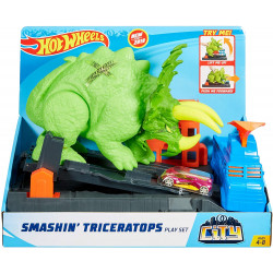 Hot Wheels City Global Nemesis TV, Dinosaurio Triceratops y lanzador de coches de juguete